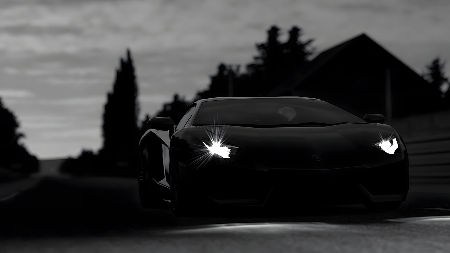 Lamborghini Aventador, Schwarz, Scheinwerfer, Schwarzweiß, Nacht, HD, Windows-Hintergrundbild