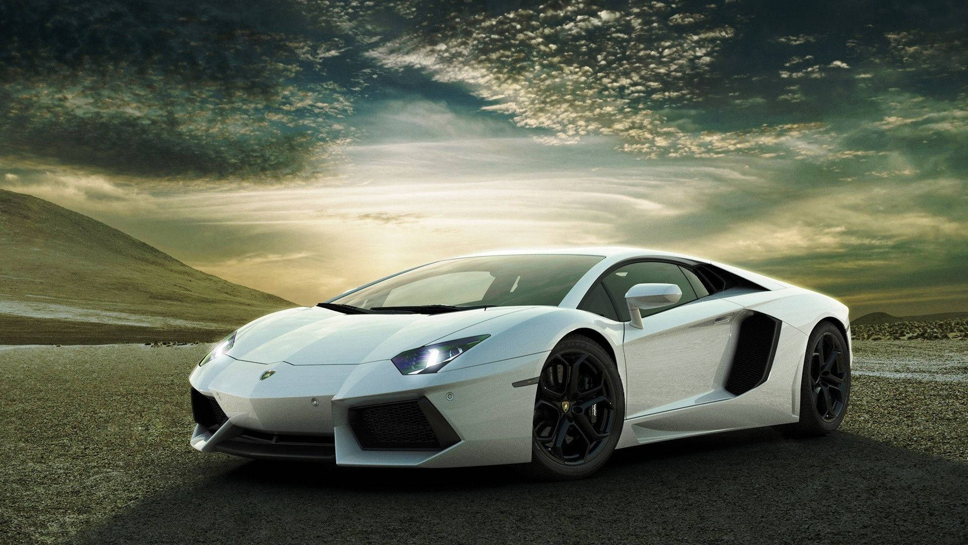 Lamborghini Aventador, Weiß, Dramatischer Himmel, Landstraße, Sportwagen, Full HD, PC-Hintergrundbild
