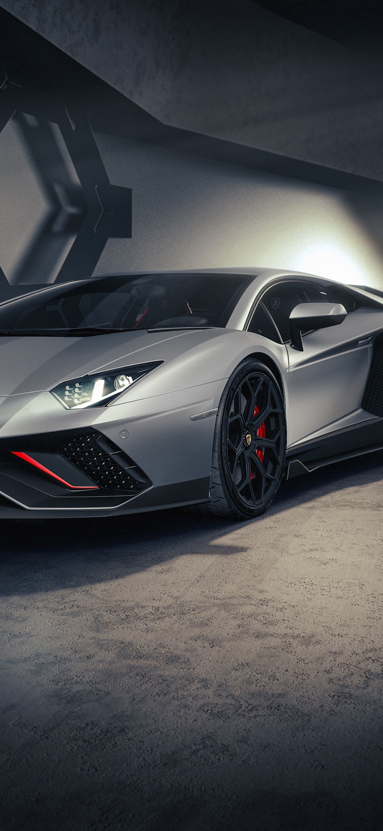 Lamborghini Aventador, Silber, Garage, Frontansicht, Grau, 1290x2796, Handy-Hintergrund