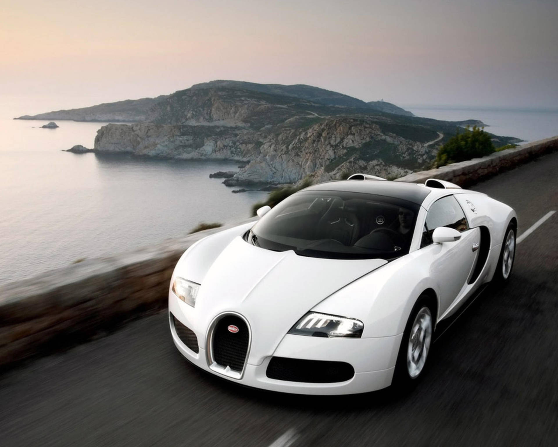 Bugatti Veyron, Weißes Auto, Küstenstraße, Meer, Fahrt, Full HD, Desktop-Hintergrund für Windows
