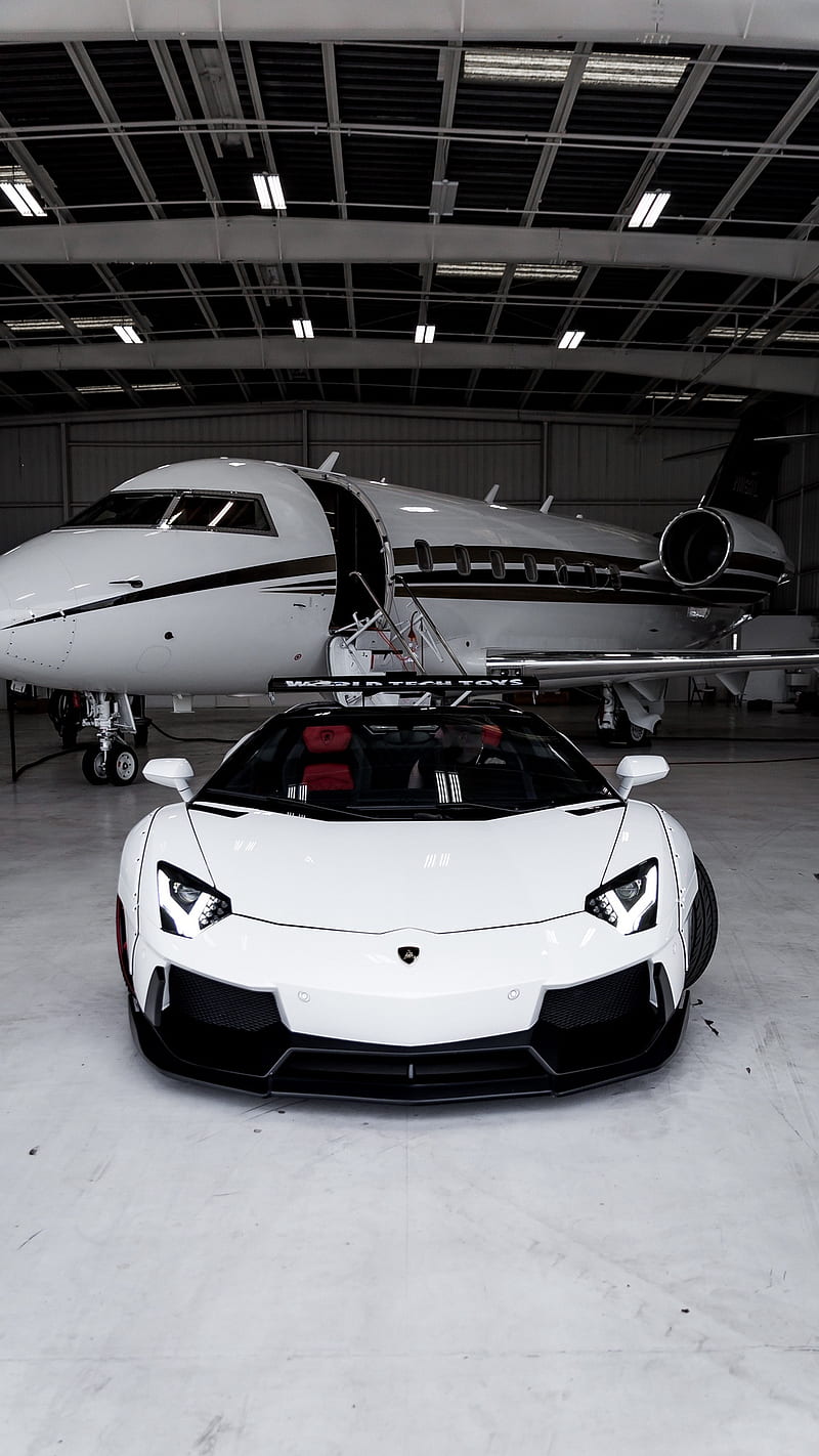 Lamborghini Aventador Roadster, Weiß, Privatjet, Hangar, Luxus, HD, iPhone-Hintergrundbild