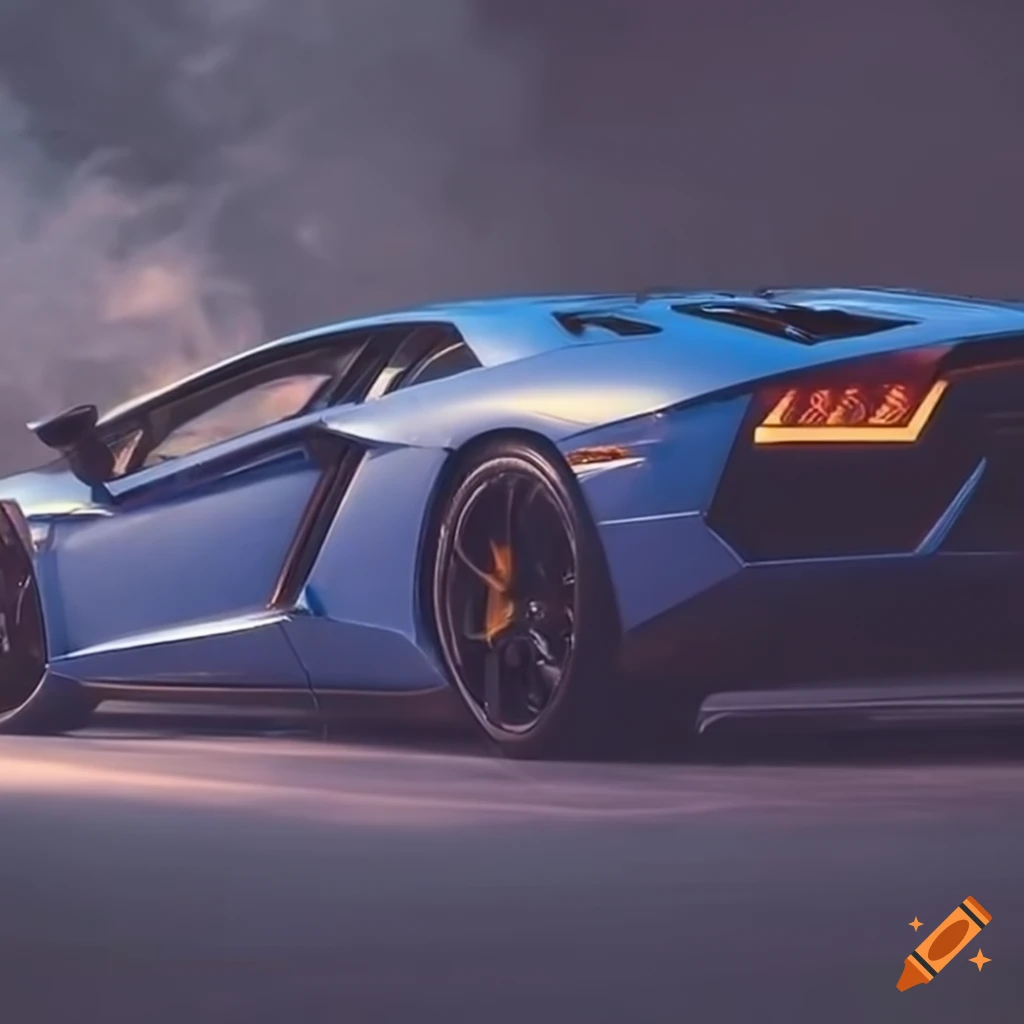 Lamborghini Aventador, Blau, Digitale Kunst, Rückleuchten, Lila Himmel, Hintergrundbild fürs Tablet