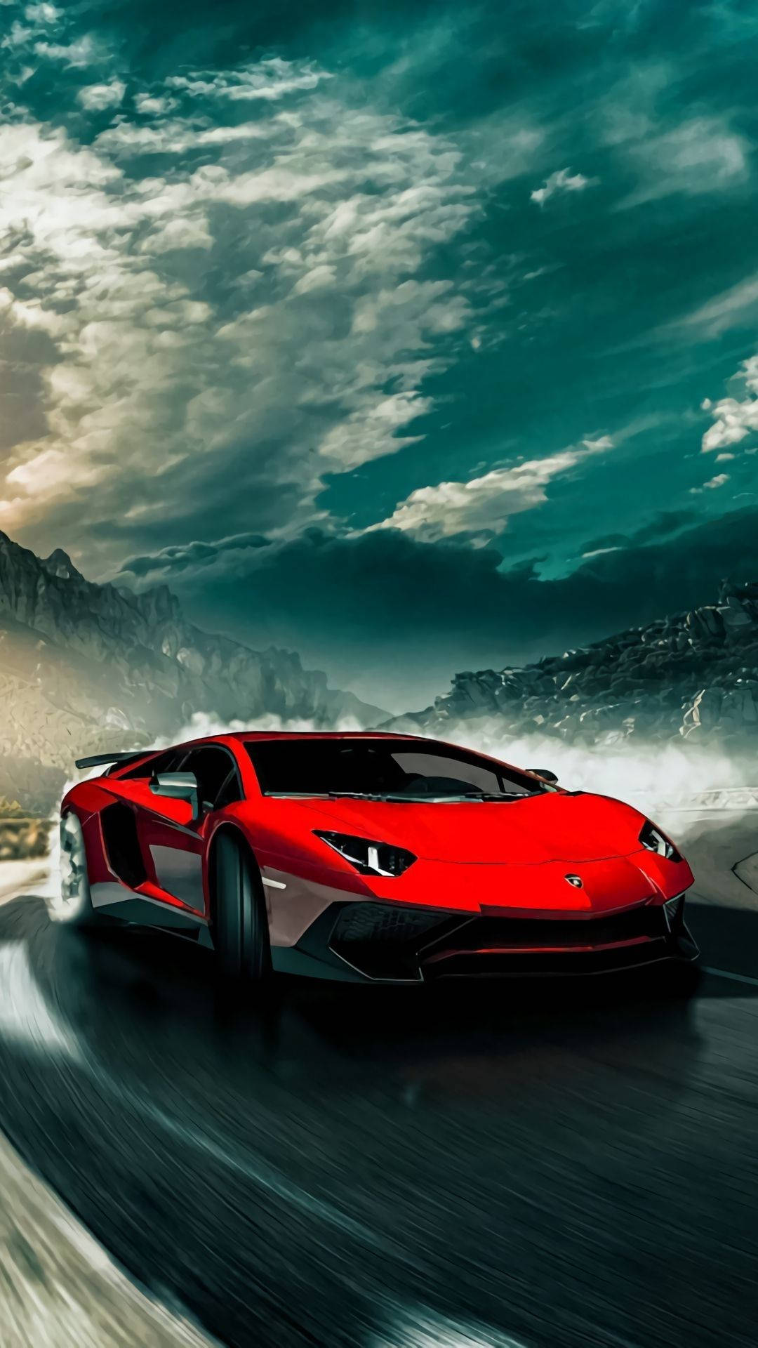 Lamborghini Aventador, Rot, Gischt, Wellen, Digitale Kunst, 1080x1920, Handy-Hintergrund