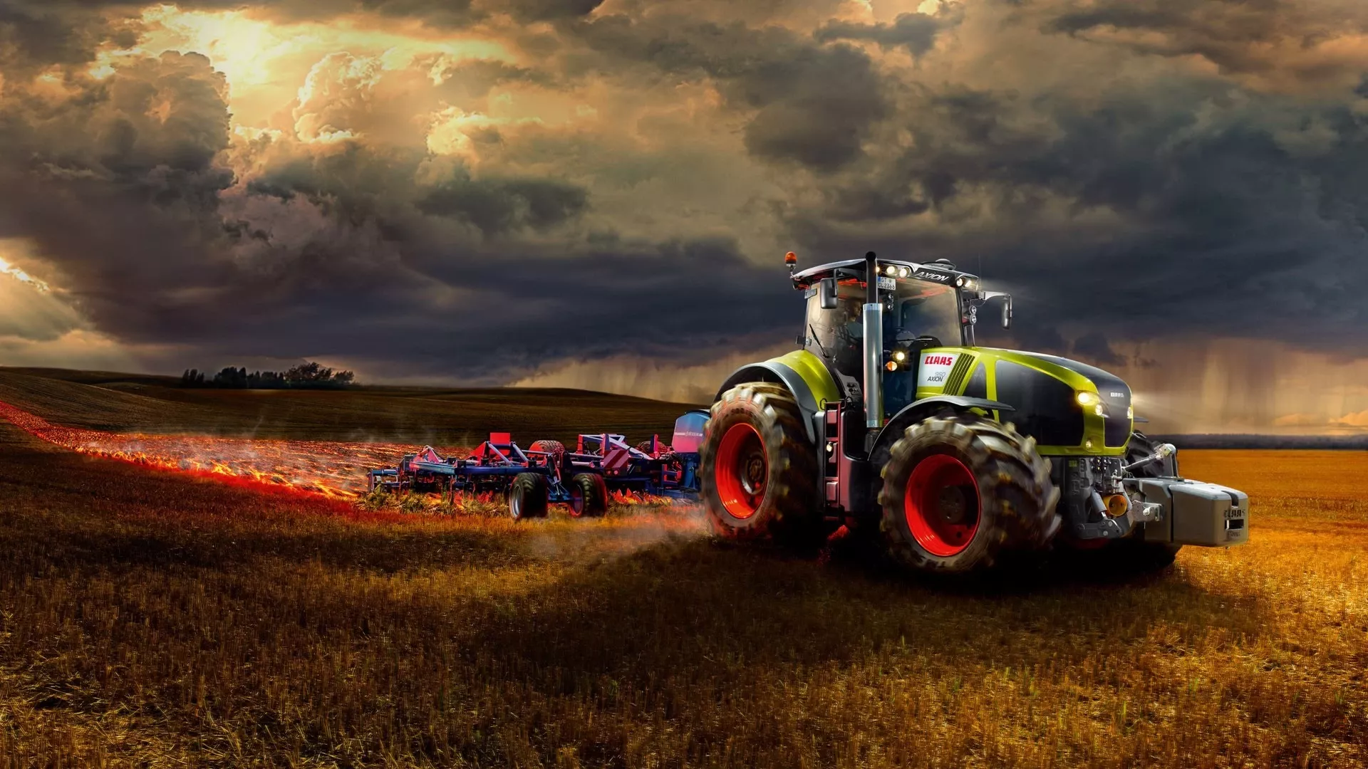 Claas, Traktor, Acker, Gewitterwolken, Abendstimmung, Full HD, Desktop-Hintergrund für Windows