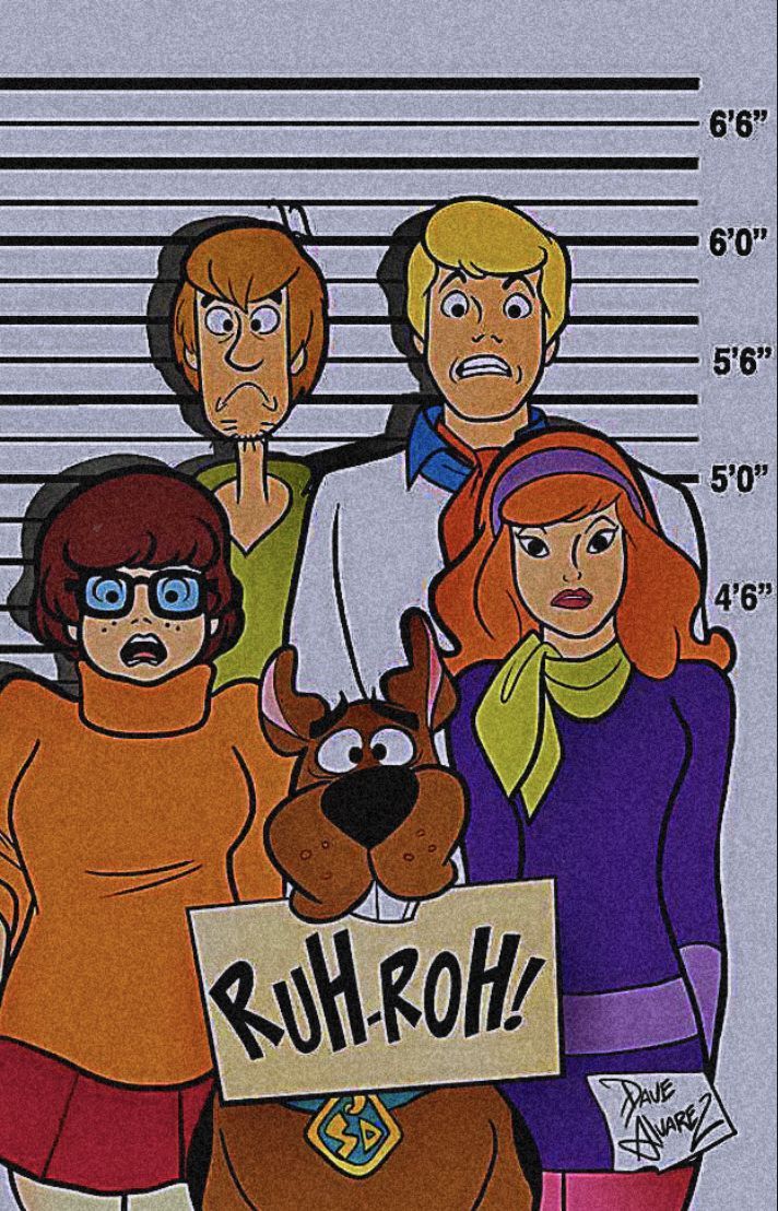 Scooby-Doo, Shaggy, Velma Dinkley, Fred Jones, Daphne Blake, Polizeifoto, Ruh-roh, Hochformat-Hintergrundbild