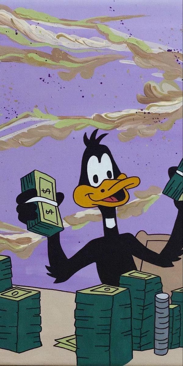 Daffy Duck, Geld, Geldbündel, Lila, Zeichentrick, Hintergrundbild für iPhone und Android