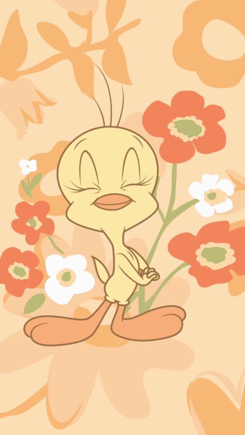 Tweety, Blumen, Pastell, Orange, Niedlich, Hintergrundbild für iPhone und Android