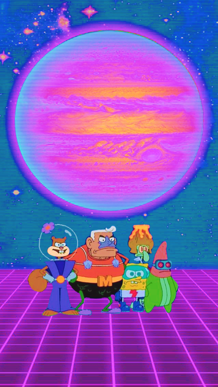 SpongeBob Schwammkopf, Mr. Krabs, Sandy Cheeks, Vaporwave, Planet, HD, iPhone-Hintergrundbild
