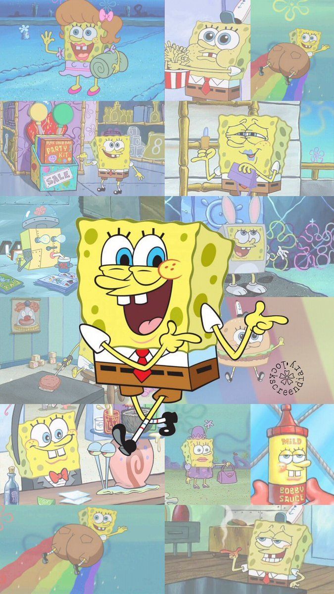 SpongeBob Schwammkopf, Collage, Pastellfarben, Hintergrundbild für iPhone und Android