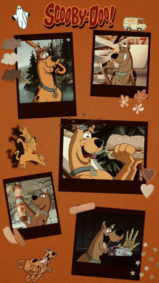 Scooby-Doo, Polaroids, Collage, Brauner Hintergrund, Logo, Sperrbildschirm fürs iPhone