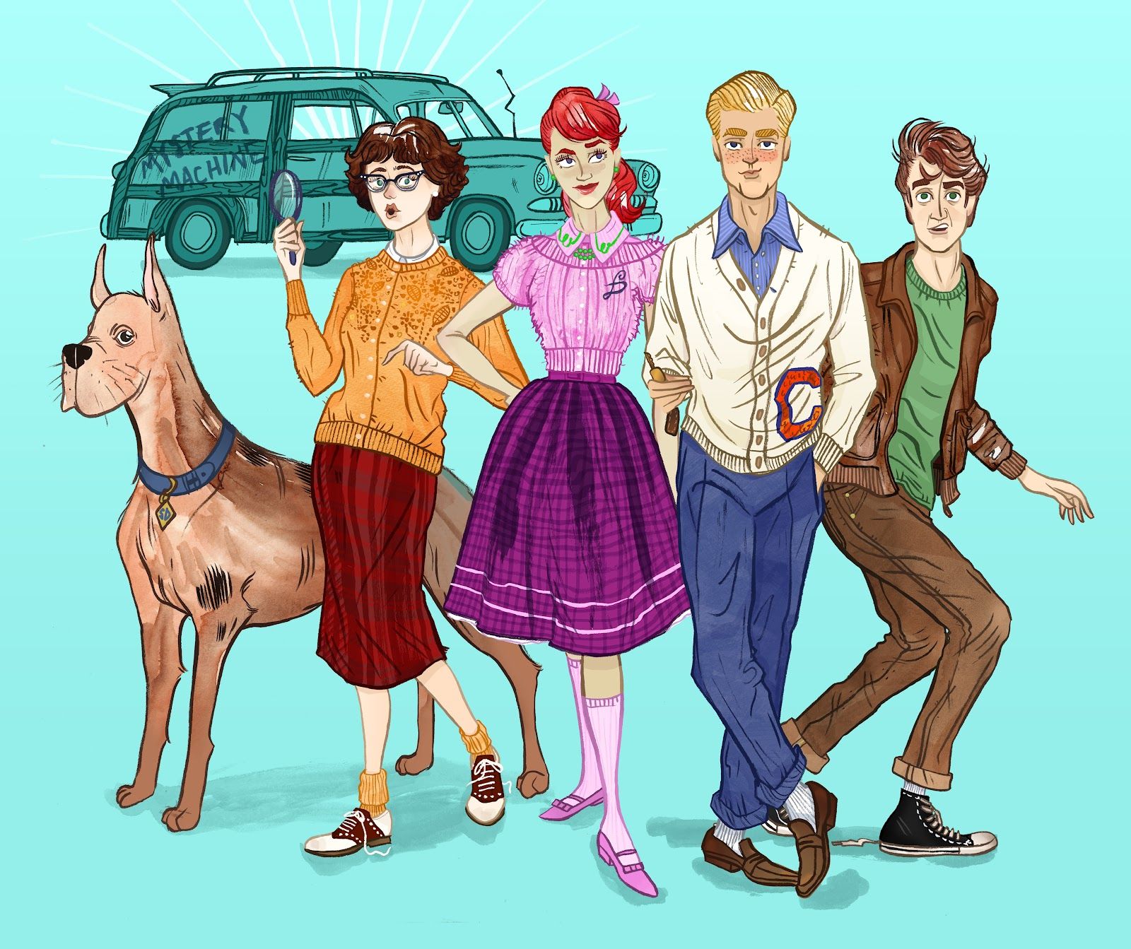 Mystery Inc., Scooby-Doo, Fred Jones, Daphne Blake, Velma Dinkley, Shaggy, Mystery Machine, Retro-Illustration, HD-PC-Hintergrundbild