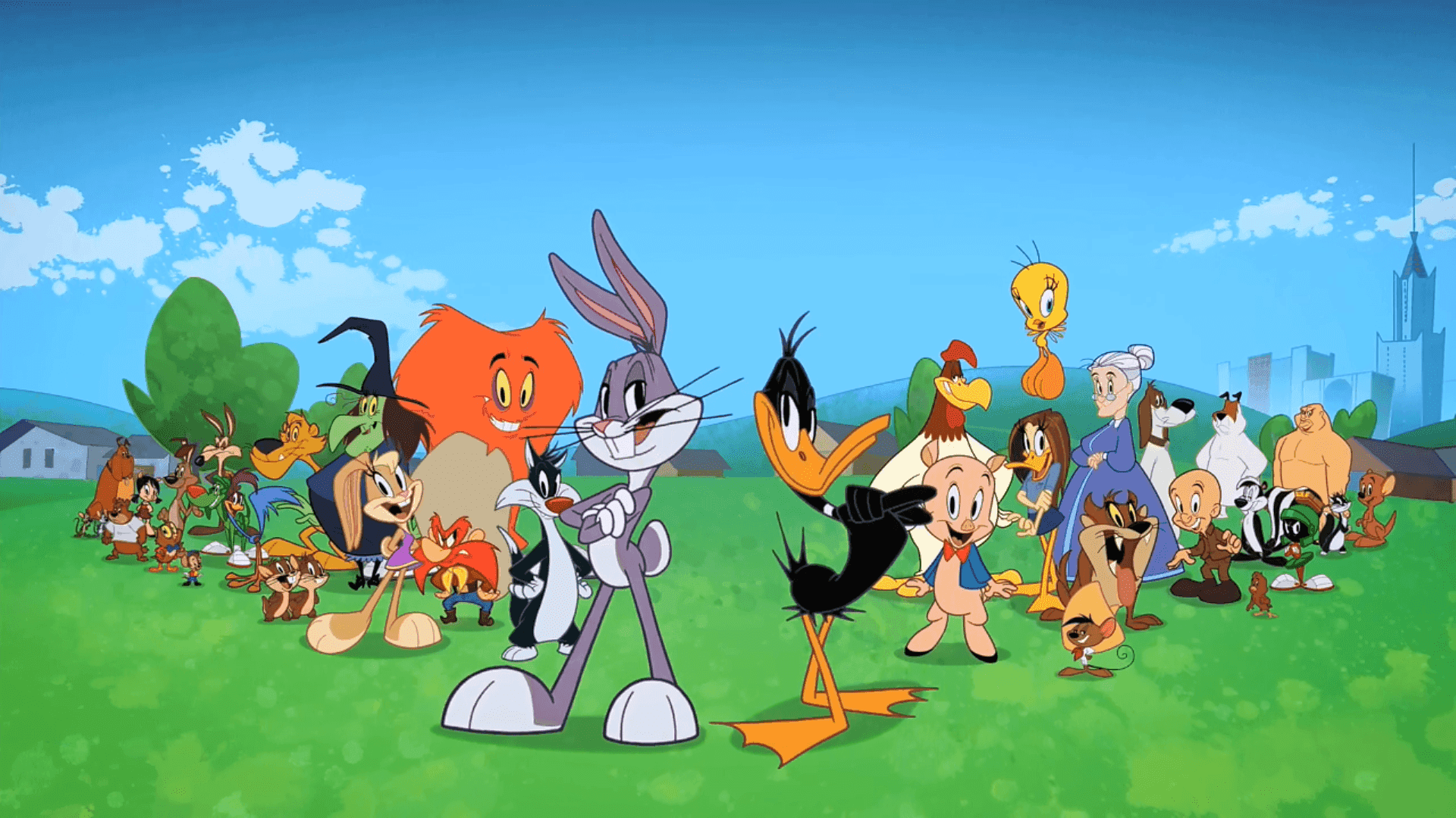 Looney Tunes, Bugs Bunny, Daffy Duck, Schweinchen Dick, Yosemite Sam, Gruppenbild, Wiese, Full-HD-Hintergrundbild