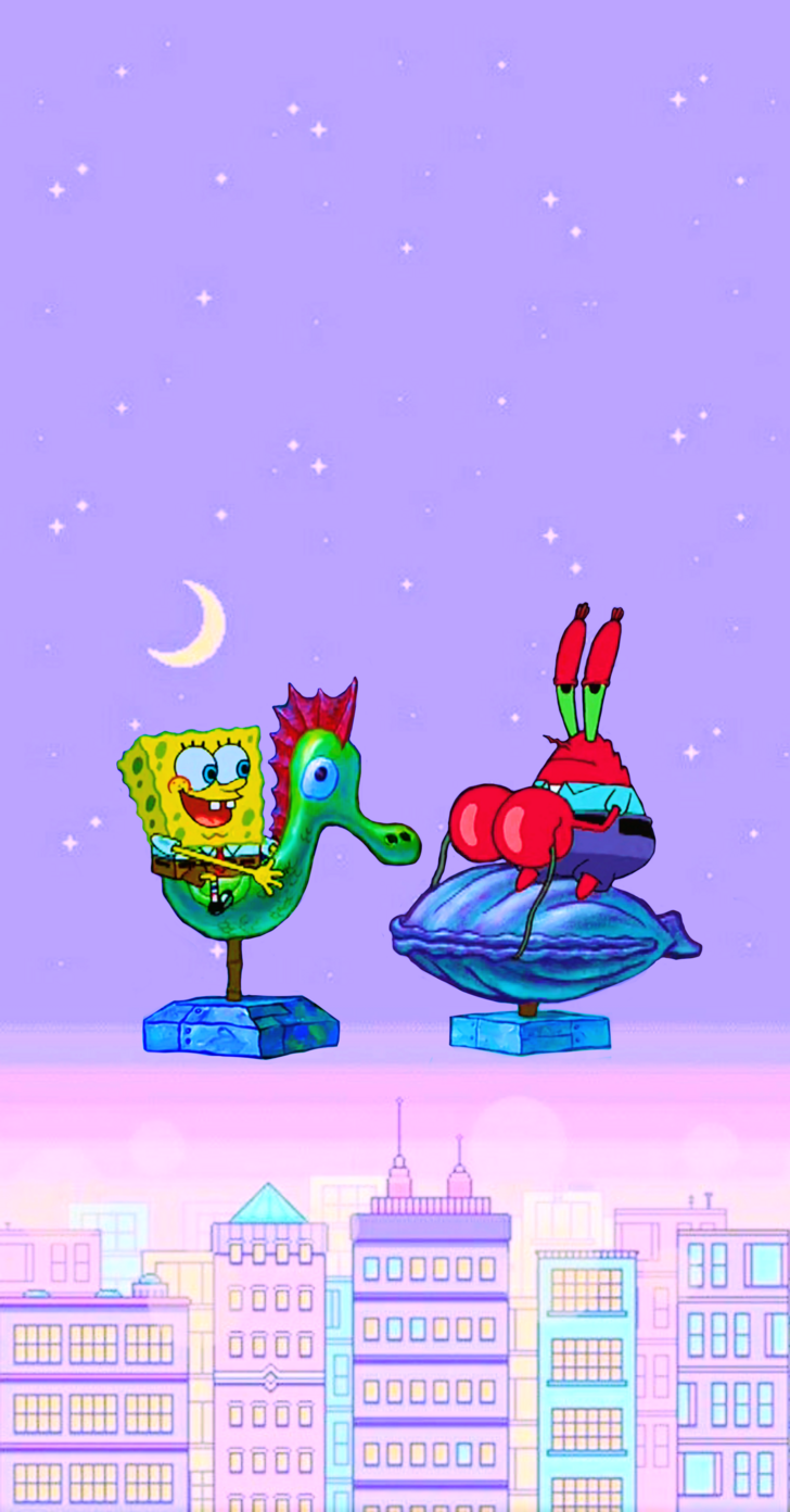 SpongeBob Schwammkopf, Mr. Krabs, Stadt, Lila, Pastell, HD, Handy-Hintergrund im Hochformat