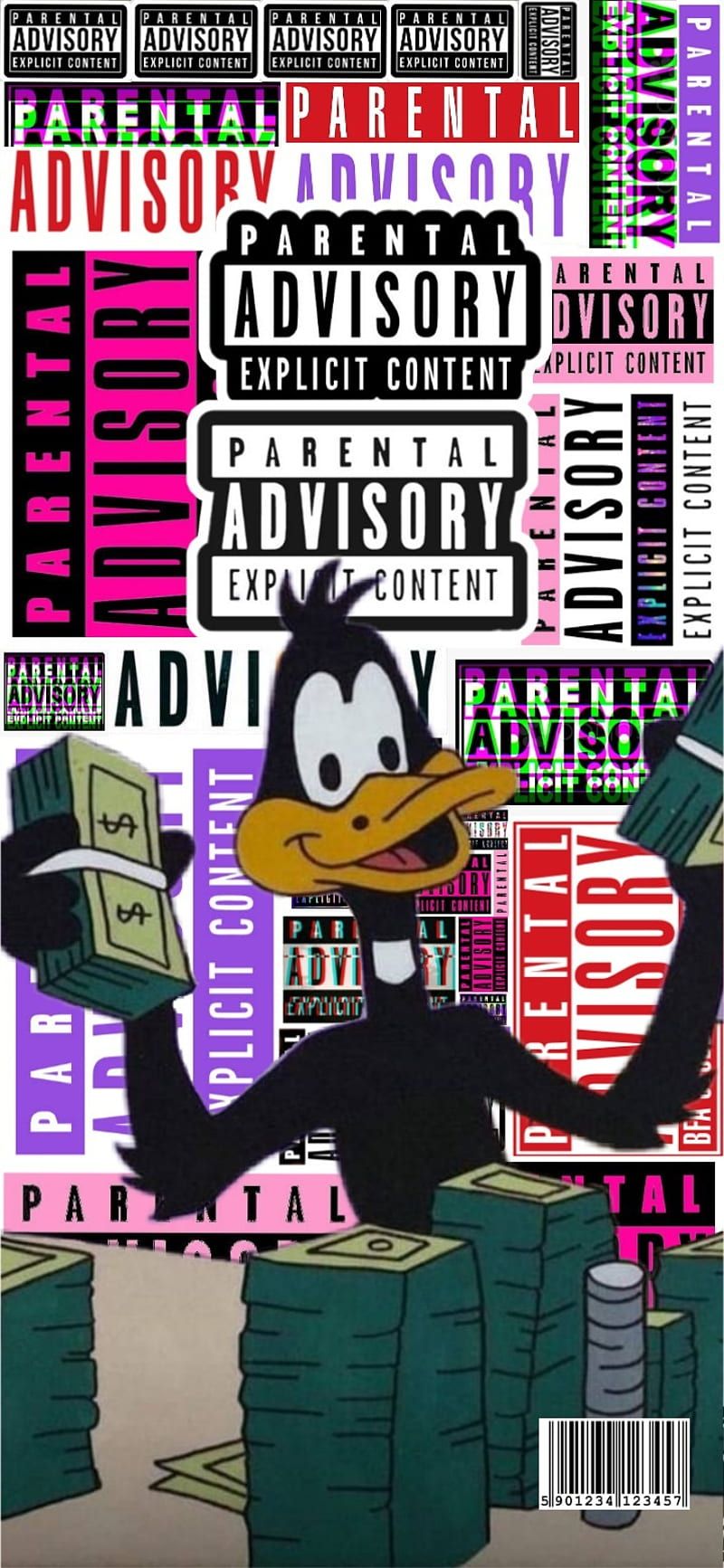 Daffy Duck, Parental Advisory, Geld, Collage, Bunt, HD, Handy-Hintergrund im Hochformat