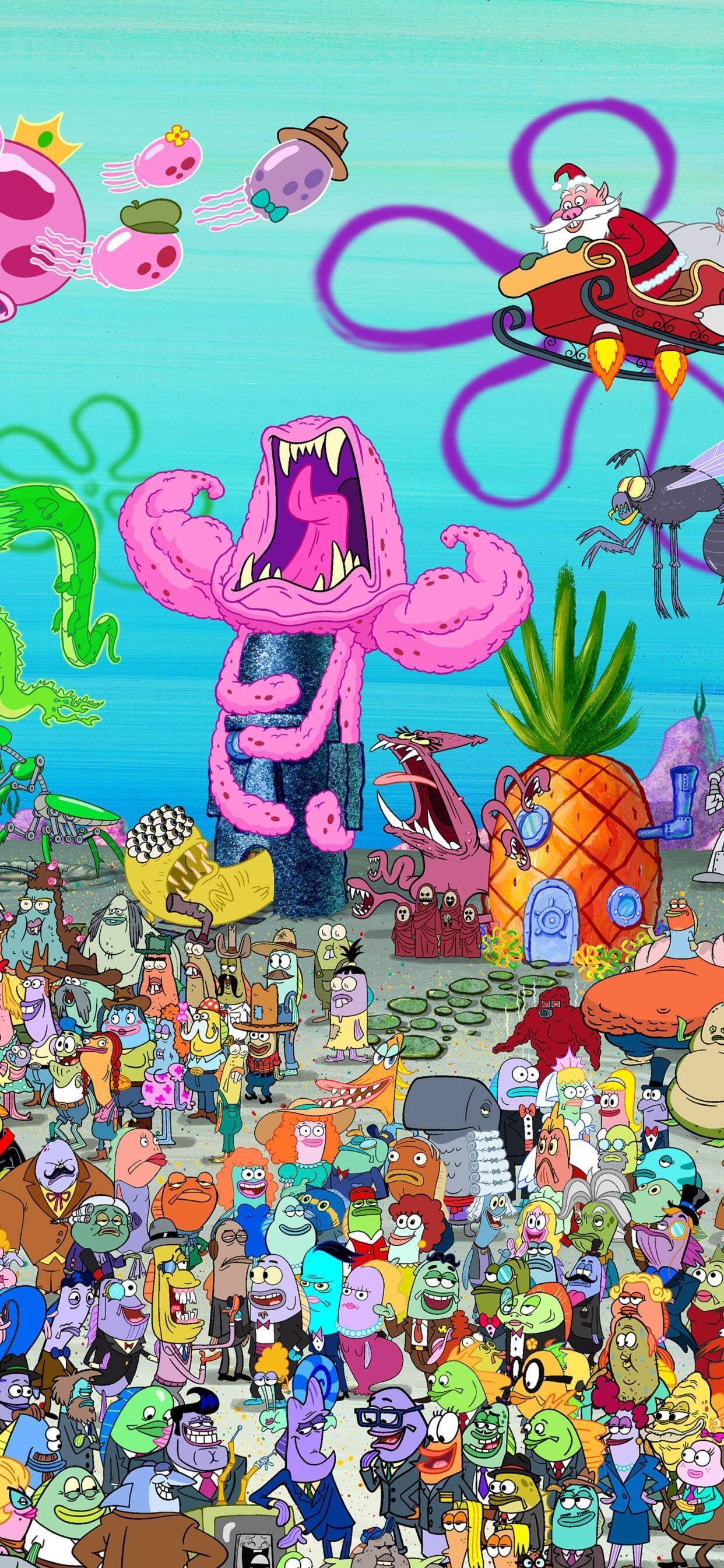 Bikini Bottom, SpongeBob Schwammkopf, Figurengewimmel, Bunt, 1242x2688, Handy-Hintergrund