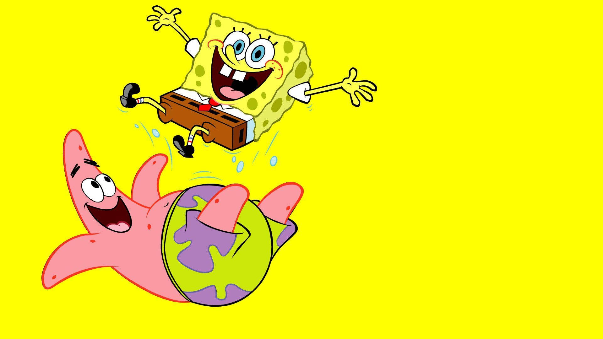 SpongeBob Schwammkopf, Patrick Star, Sprung, Gelber Hintergrund, Full HD Wallpaper