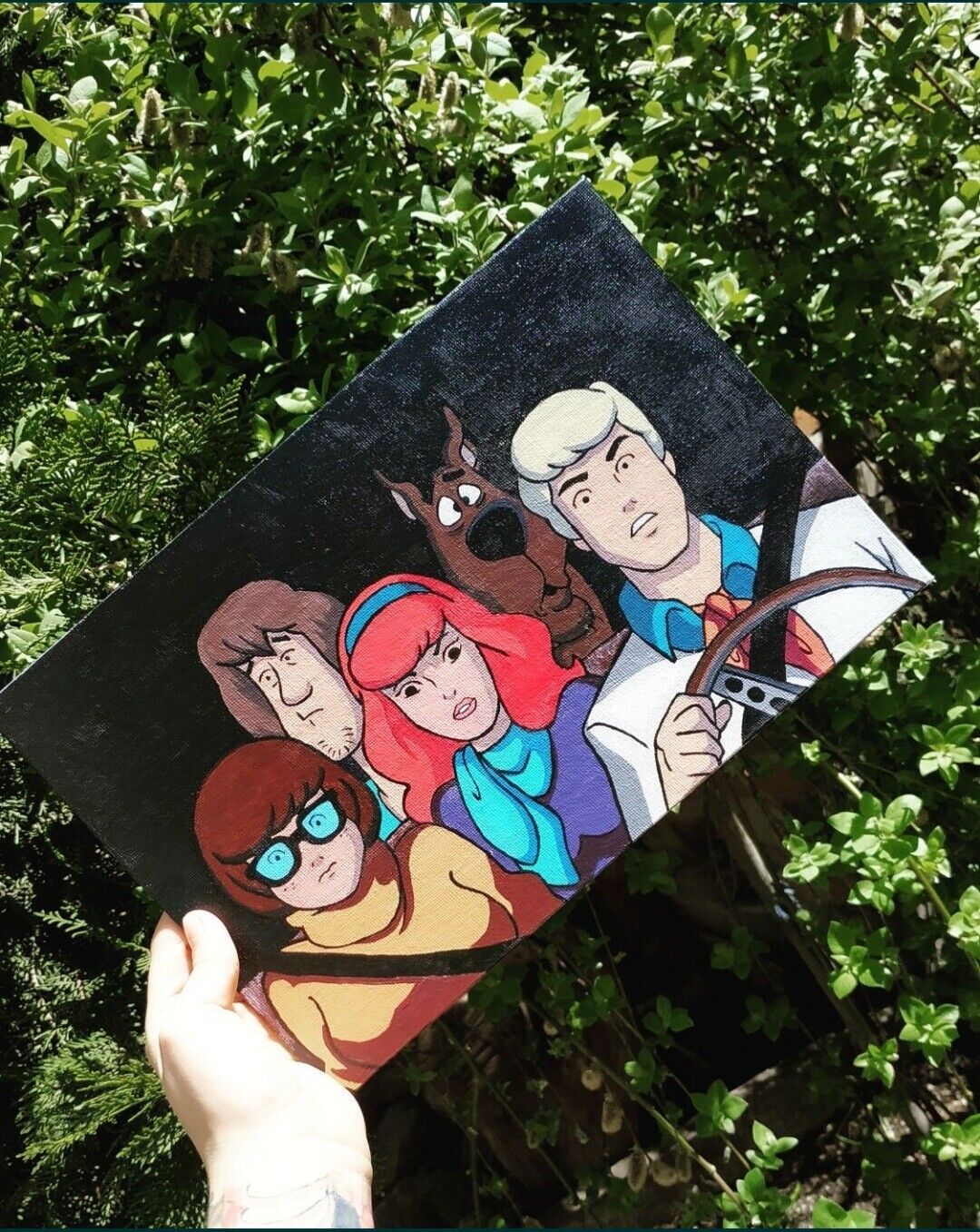 Mystery Inc., Velma Dinkley, Daphne Blake, Fred Jones, Shaggy, Gemälde, Laub, Full-HD-Tablet-Hintergrundbild