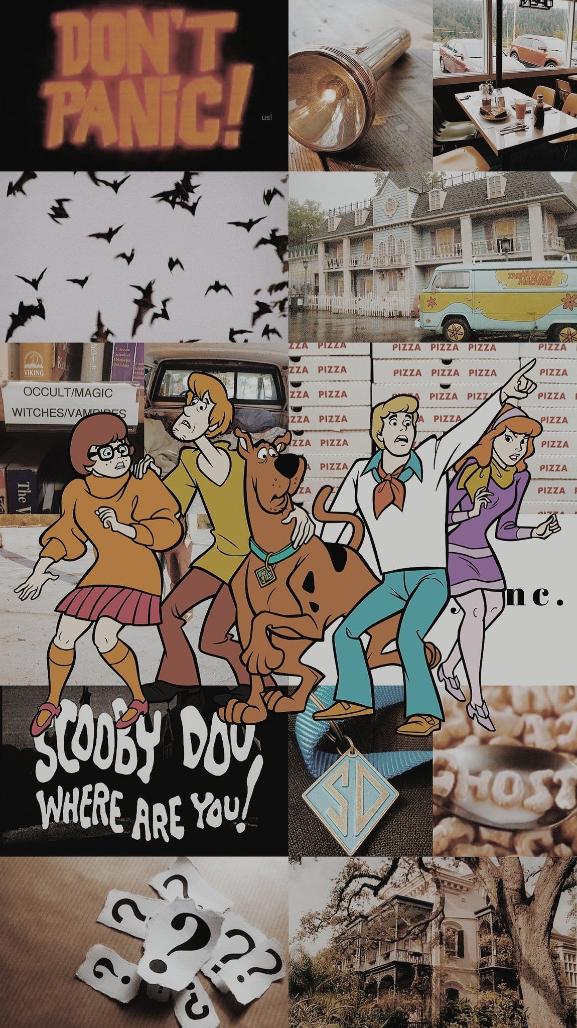 Scooby-Doo, wo bist du?, Scooby-Doo, Collage, Braune Töne, Don't Panic, Full HD, iPhone-Hintergrundbild