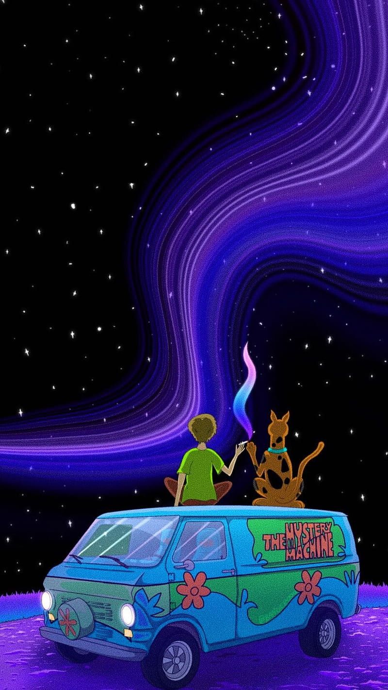 Mystery Machine, Scooby-Doo, Shaggy, Sternenhimmel, Lila Töne, Hochformat, HD, iPhone-Hintergrundbild