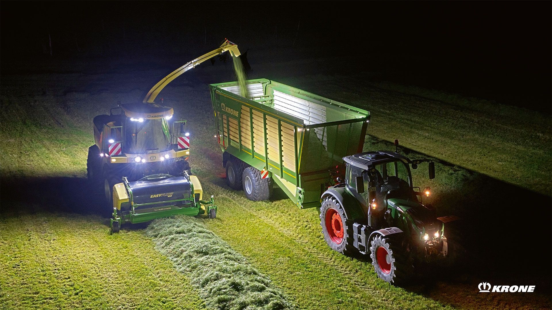 Krone, Feldhäcksler, Traktor, Ladewagen, Nachtarbeit, Full HD 1080p, Desktop-Hintergrundbild