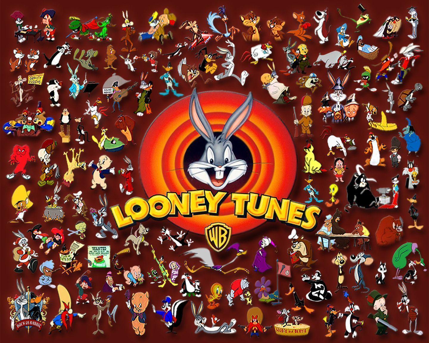 Looney Tunes, Bugs Bunny, Warner Bros., Logo, Figurenvielfalt, Dunkelrot, HD, Desktop-Hintergrund