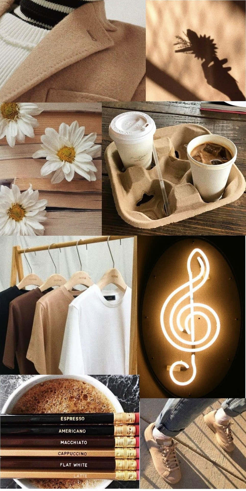 Collage, Kaffee, Violinschlüssel, Neonlicht, Gemütlich, Hochformat, Hintergrundbild fürs Smartphone