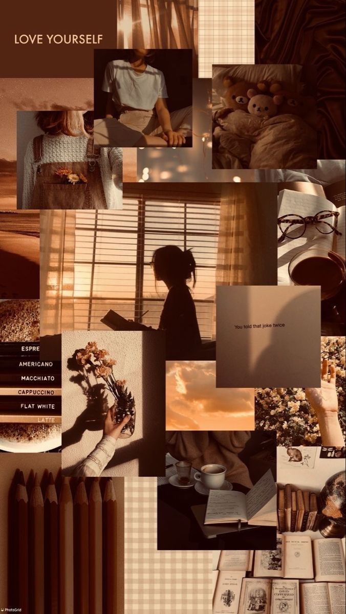 Collage, Love Yourself, Dunkelbraun, Vintage, Hochformat, Hintergrundbild fürs Smartphone