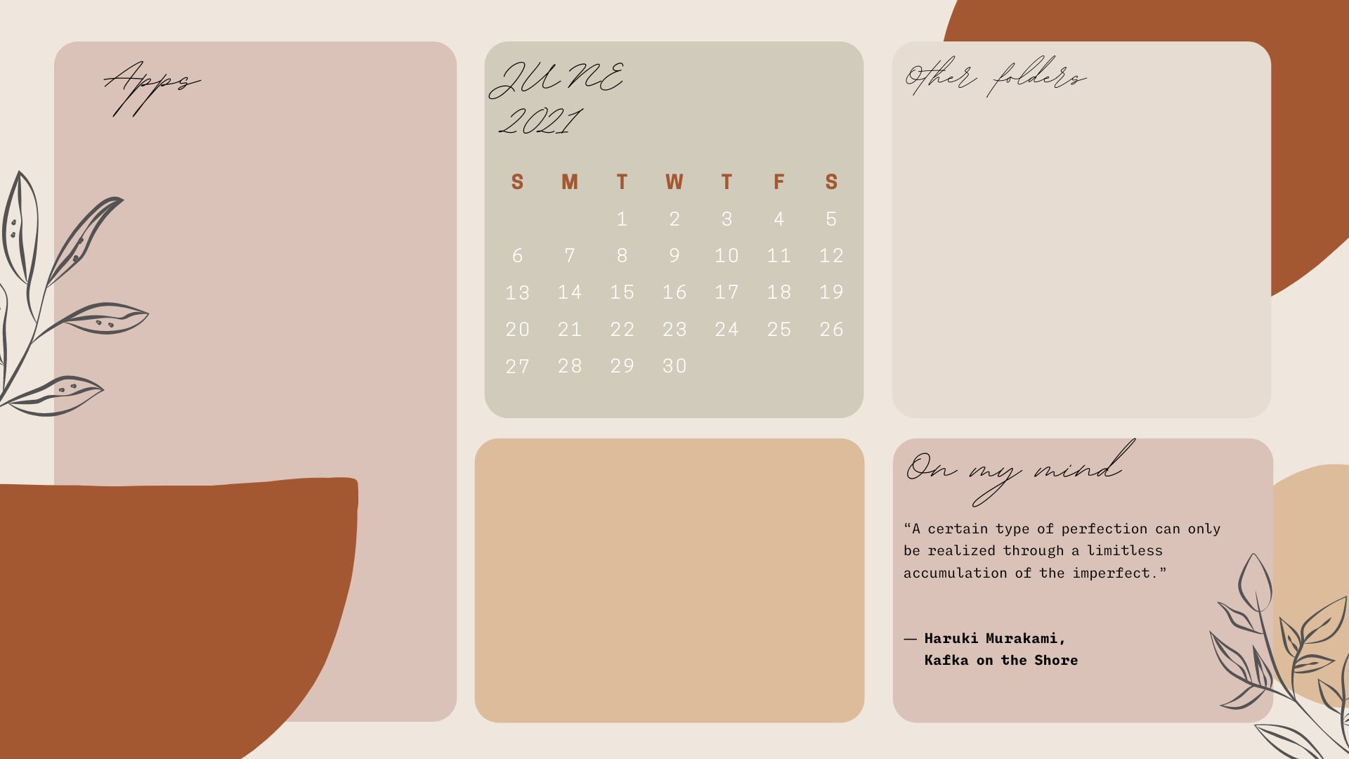 Desktop-Organizer, Kalender Juni 2021, Haruki Murakami, Zitat, Erdtöne, Full-HD-Hintergrundbild für PC