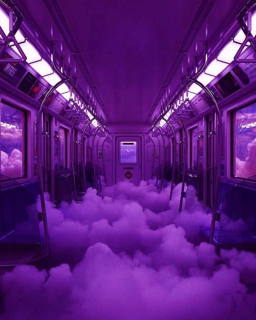 U-Bahn-Waggon, Wolken, Surreal, Neonlila, Leer, Hintergrundbild für iPad und Tablet