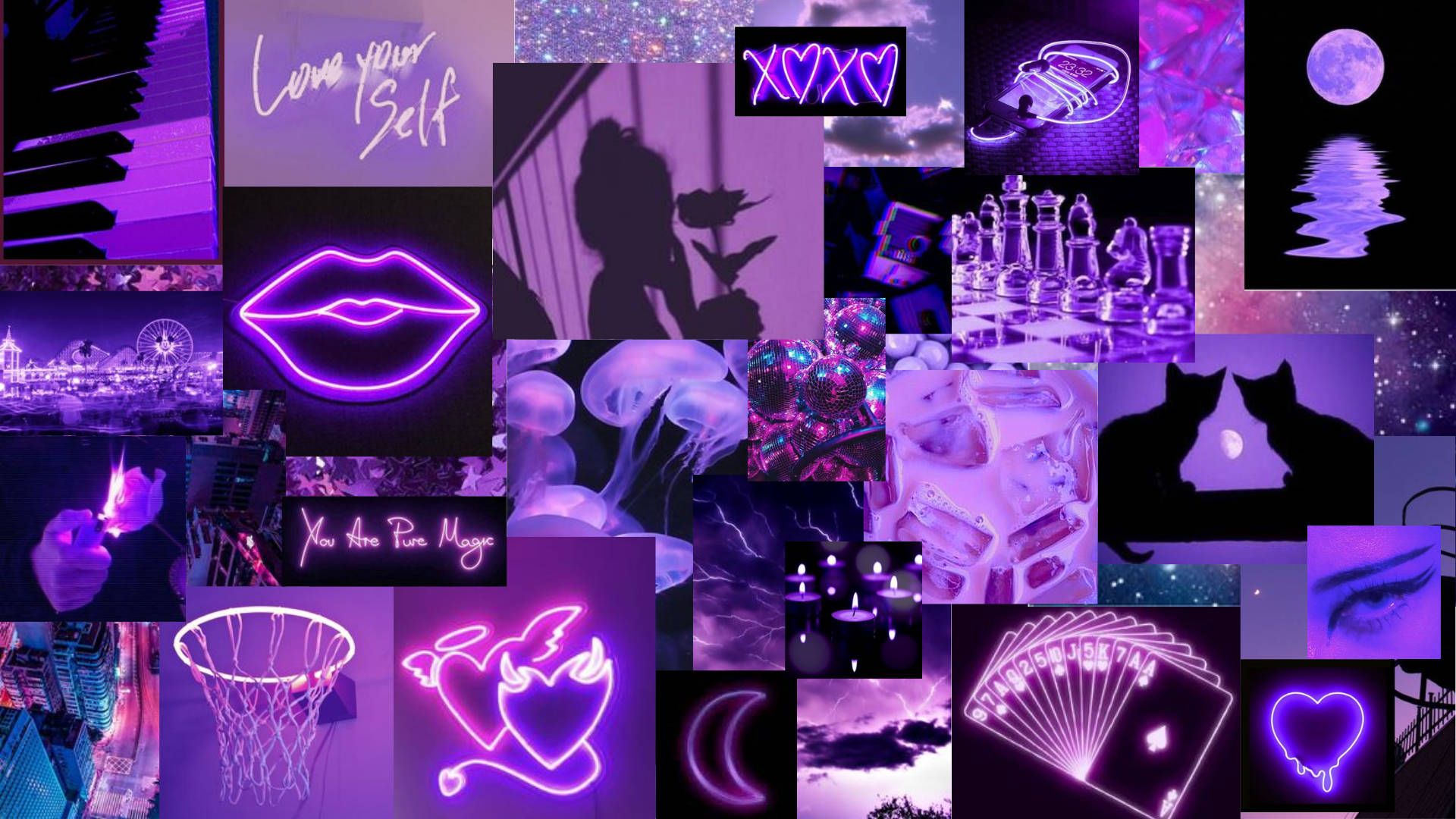 Collage, Neonlippen, Love Yourself, Neonlila, Ästhetik, 16:9, Full-HD-Hintergrundbild für den Desktop