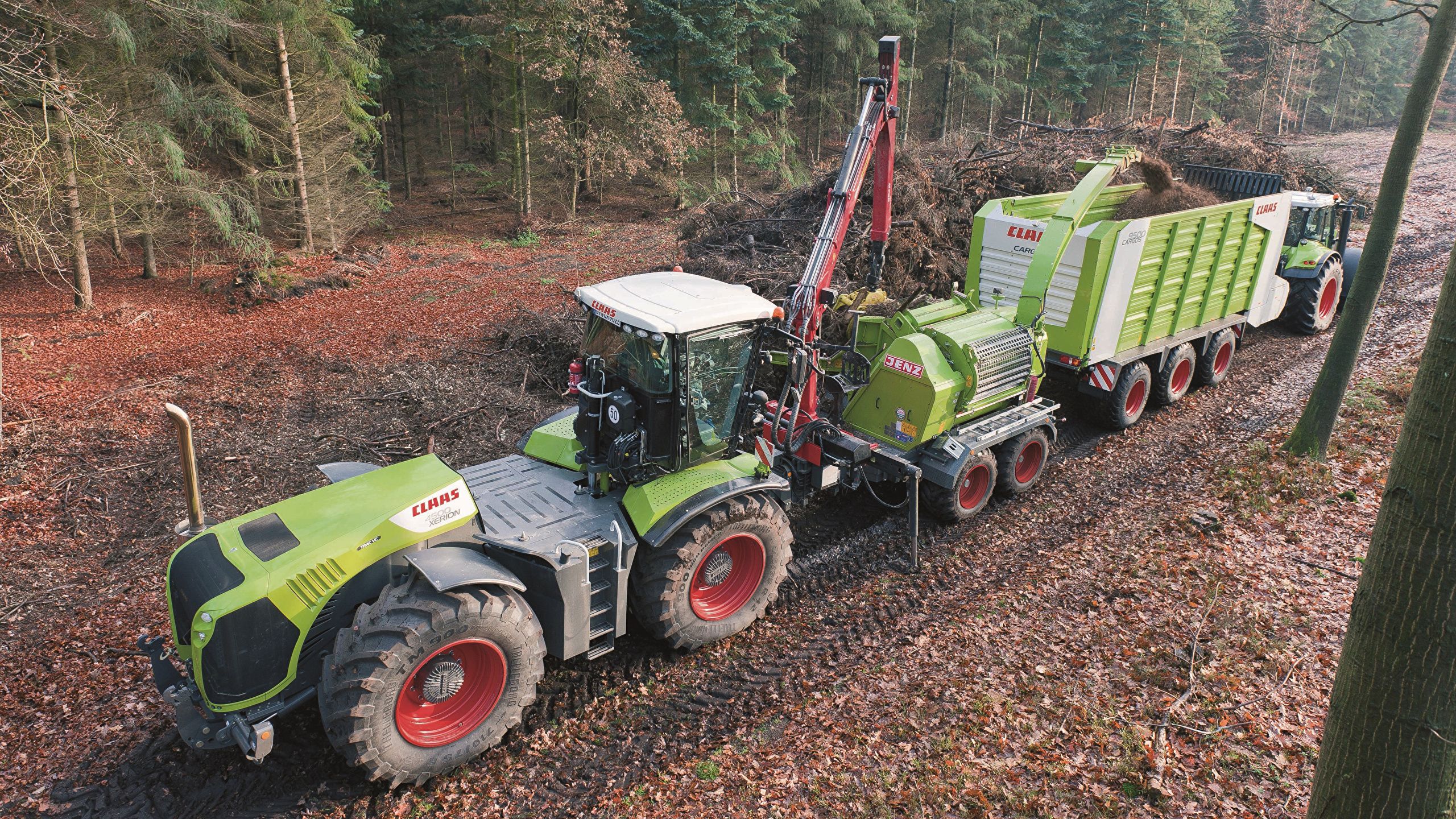 Claas Xerion, Claas, Hackschnitzel, Wald, Forstarbeit, 2560x1440, 2K-Hintergrundbild für PC