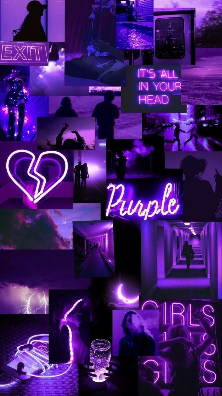 Collage, Purple, Neonschriftzug, Gebrochenes Herz, Ästhetik, HD, Handy-Hintergrundbild