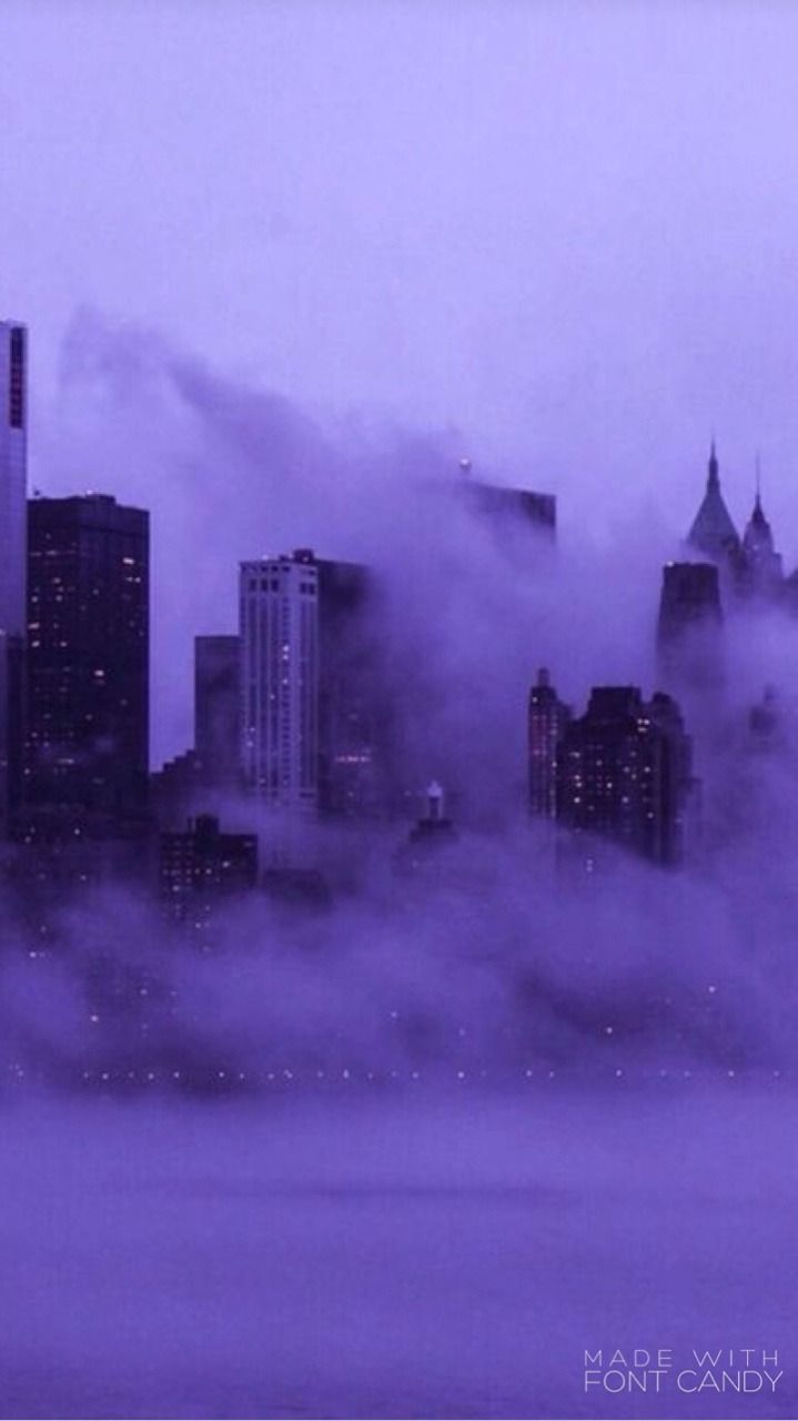Skyline, Nebel, Wolkenkratzer, Violett, Großstadt, Hintergrundbild für iPhone und Android