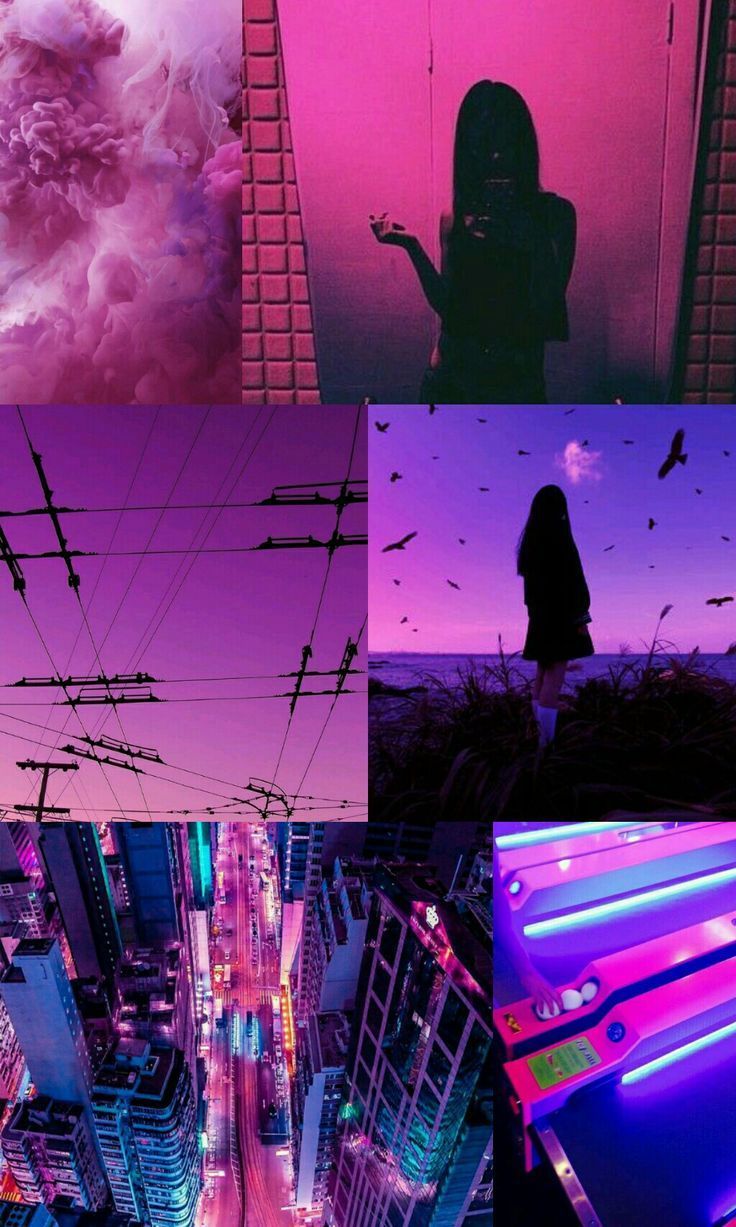 Collage, Neonlicht, Stadt bei Nacht, Silhouette, Lila, Moodboard, HD, Handy-Hintergrundbild