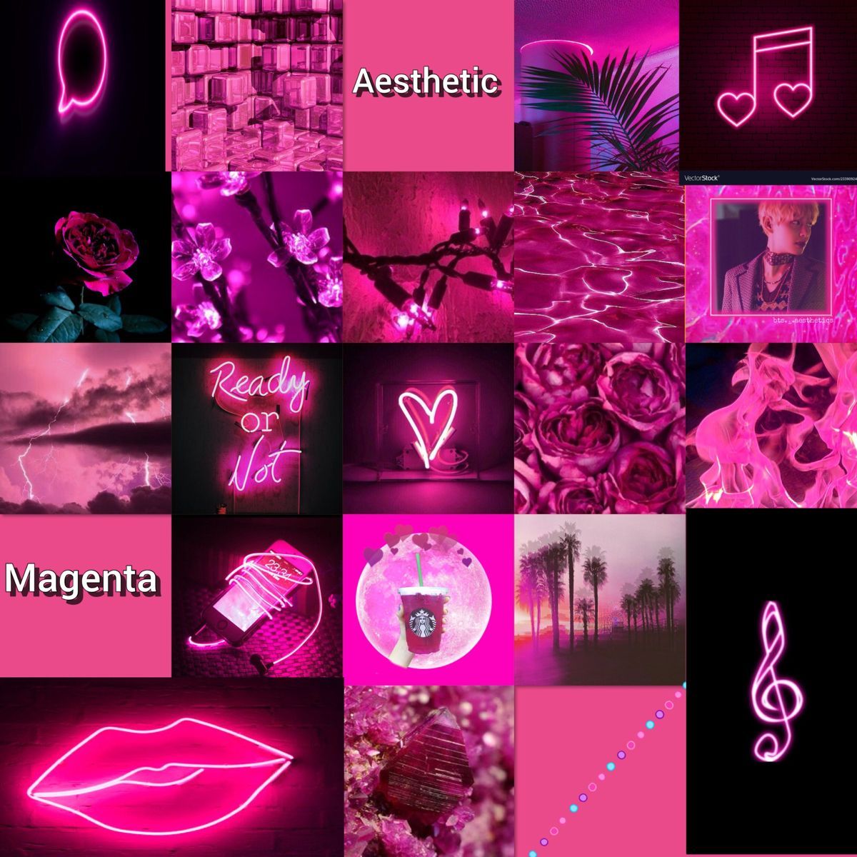 Collage, Neonschilder, Lippen, Herz, Musiknoten, Magenta, Hintergrundbild fürs Tablet