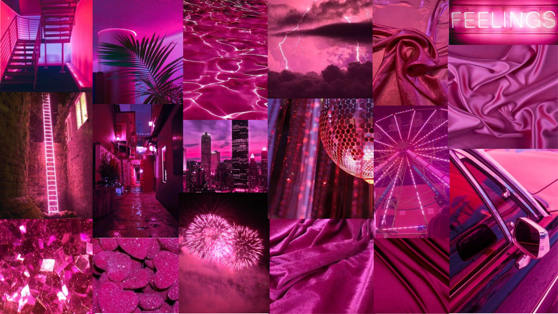 Collage, Feelings, Neonschrift, Feuerwerk, Riesenrad, Seide, Palmen, Full-HD-Hintergrundbild für PC