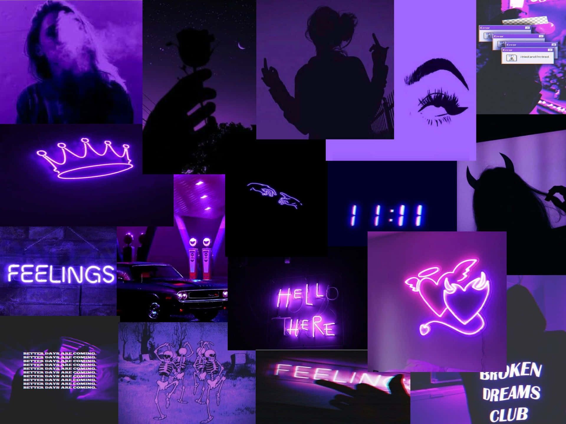 Collage, Neonschriftzug, Feelings, Krone, Dunkellila, Full HD, Hintergrundbild fürs Tablet