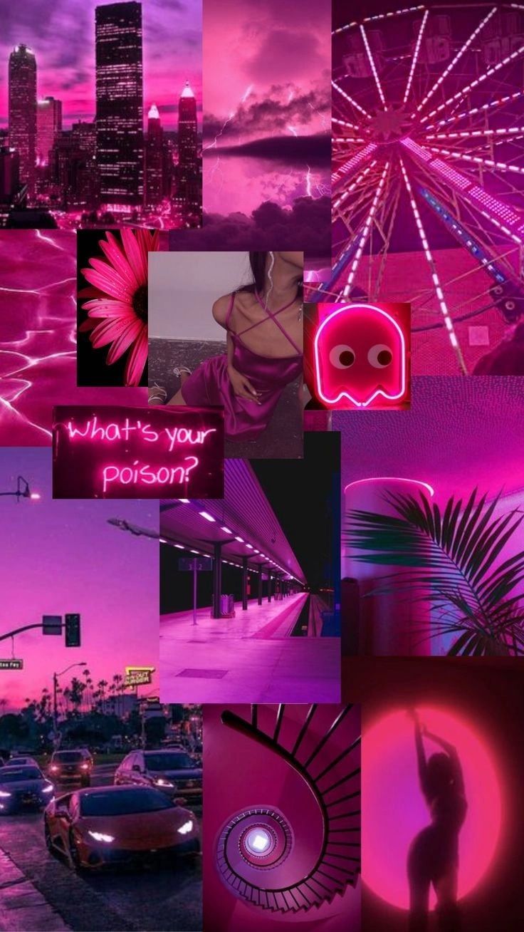 Collage, Neonlicht, Riesenrad, Auto, Pinke Ästhetik, HD, Handy-Hintergrund im Hochformat