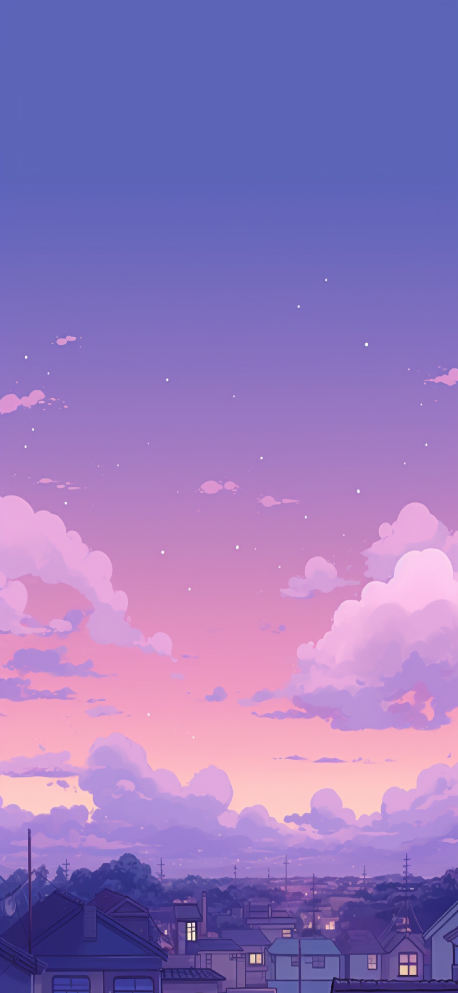 Himmel, Wolken, Dämmerung, Lila, Stadt, Anime-Stil, QHD+, Handy-Hintergrund im Hochformat