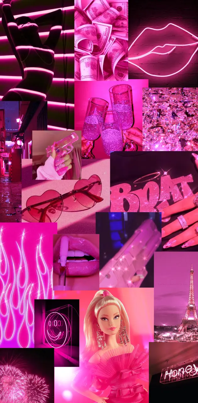 Collage, Barbie, Neonschrift, Lippen, Pinke Ästhetik, Hintergrundbild für iPhone und Android