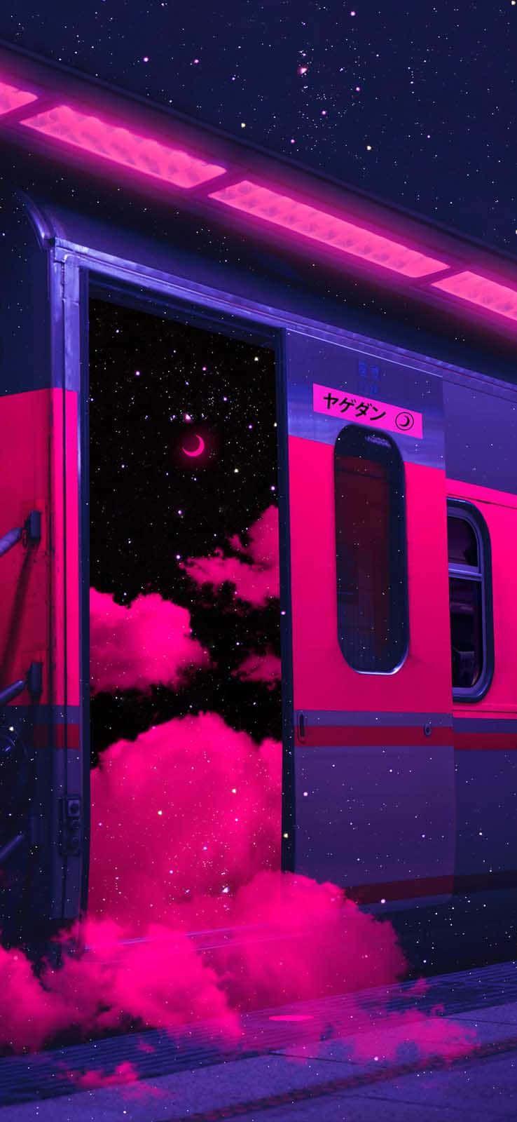 U-Bahn, Neonlicht, Rosa Wolken, Surreal, Nacht, Digitale Kunst, HD, Handy-Hintergrund