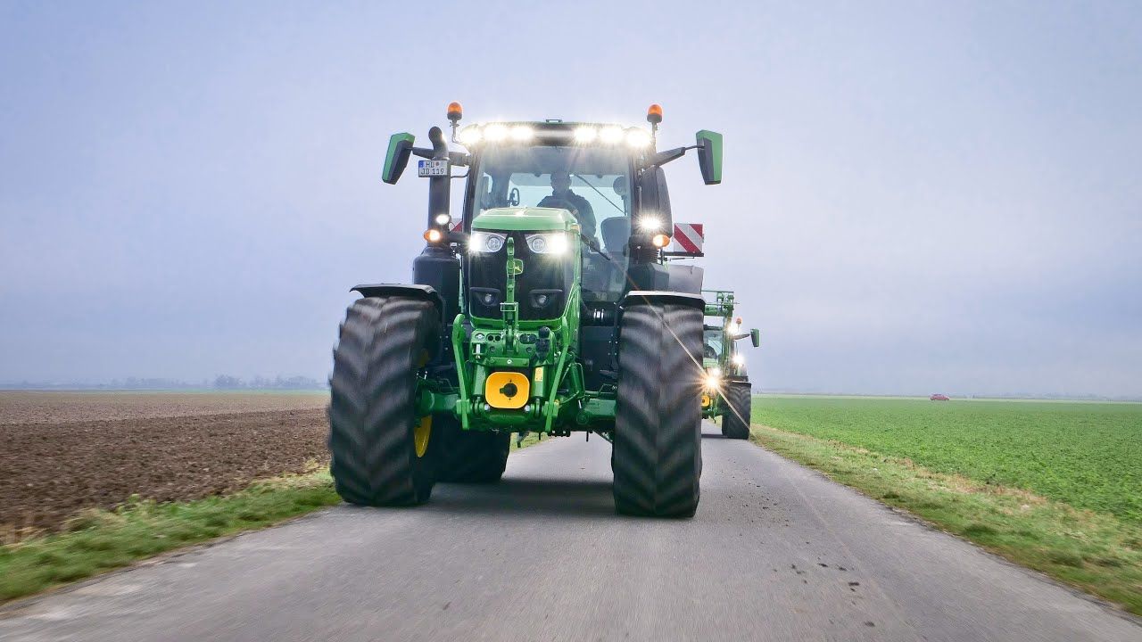John Deere, Traktor, Landstraße, Scheinwerfer, Frontansicht, HD, Breitbild-Hintergrundbild