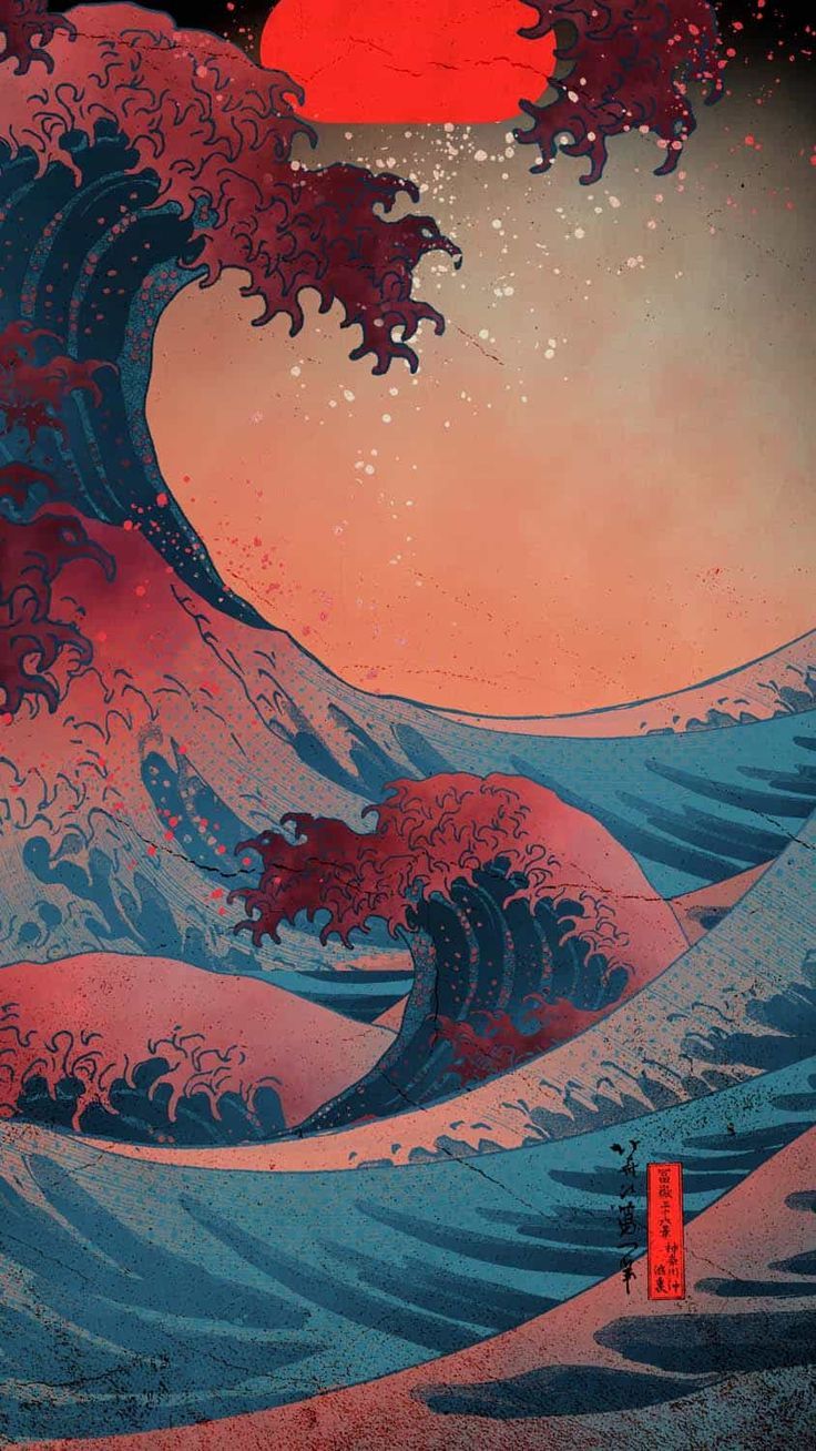 Die große Welle vor Kanagawa, Hokusai, Welle, Rote Sonne, Japanische Kunst, Neuinterpretation, iPhone-16-Pro-Max-Sperrbildschirm