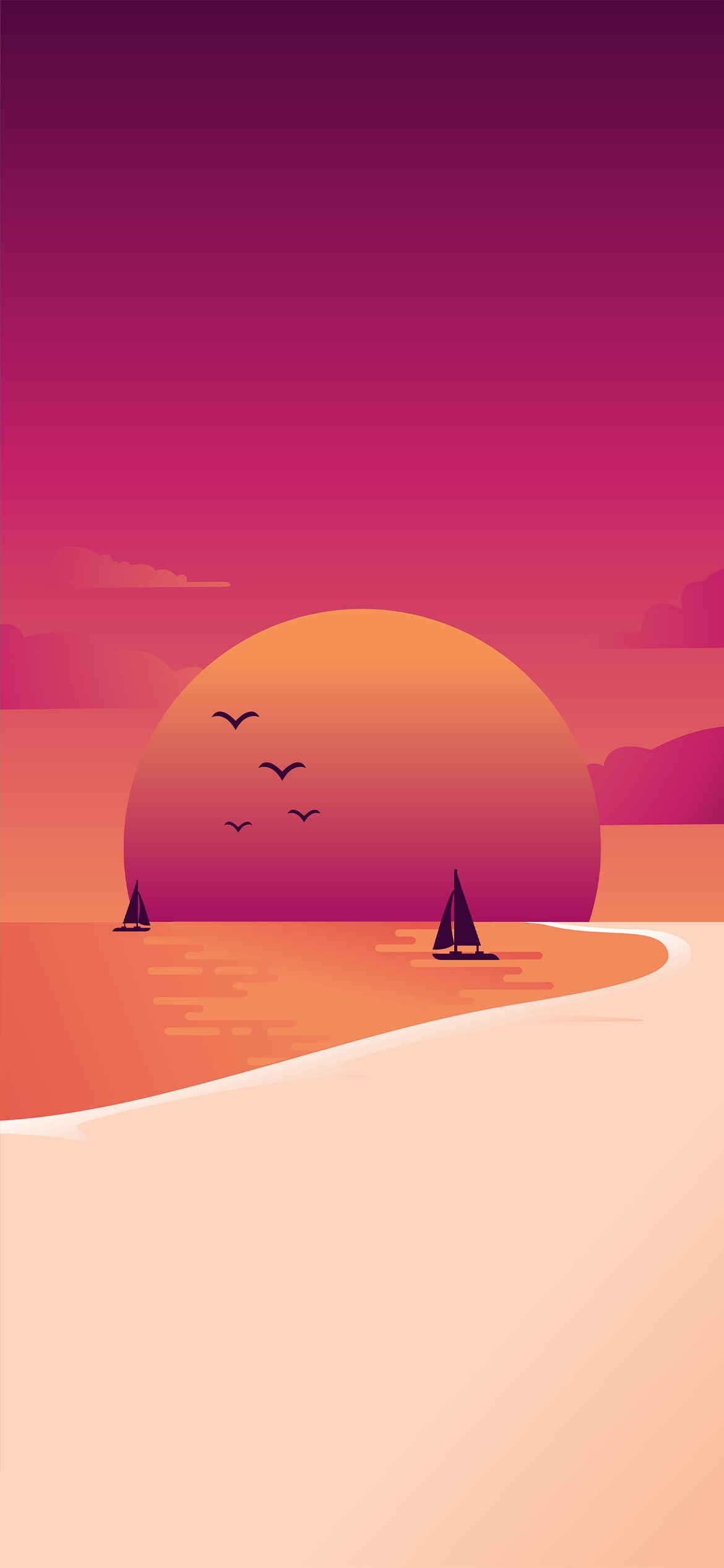 Sonnenuntergang, Strand, Segelboot, Vögel, Illustration, Pink und Orange, Hintergrundbild fürs iPhone