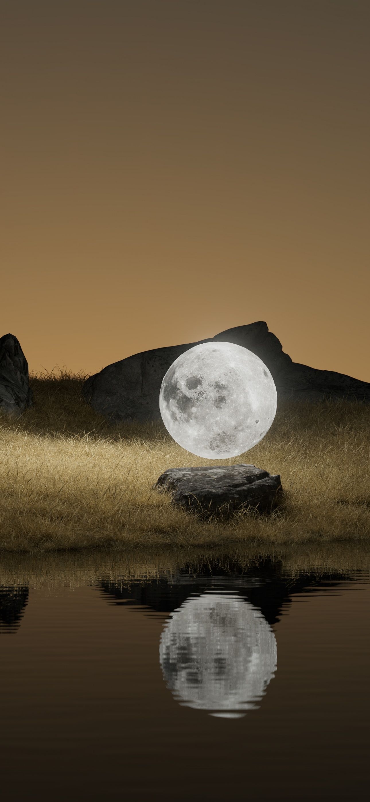Mond, Spiegelung, See, Surreal, Hügel, Goldenes Licht, iPhone 16 Pro Max, Sperrbildschirm