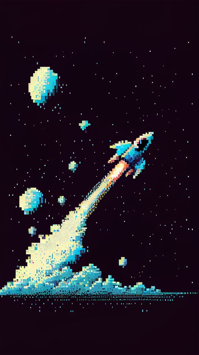 Rakete, Pixel-Art, Weltall, Planeten, Sternenhimmel, Hintergrundbild fürs Google Pixel 8