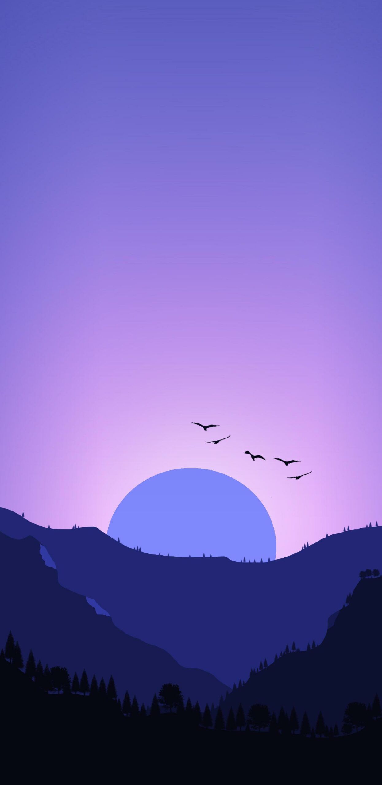 Berge, Sonnenuntergang, Lila Himmel, Vögel, Illustration, Minimalismus, Sperrbildschirm fürs iPhone 16 Pro Max