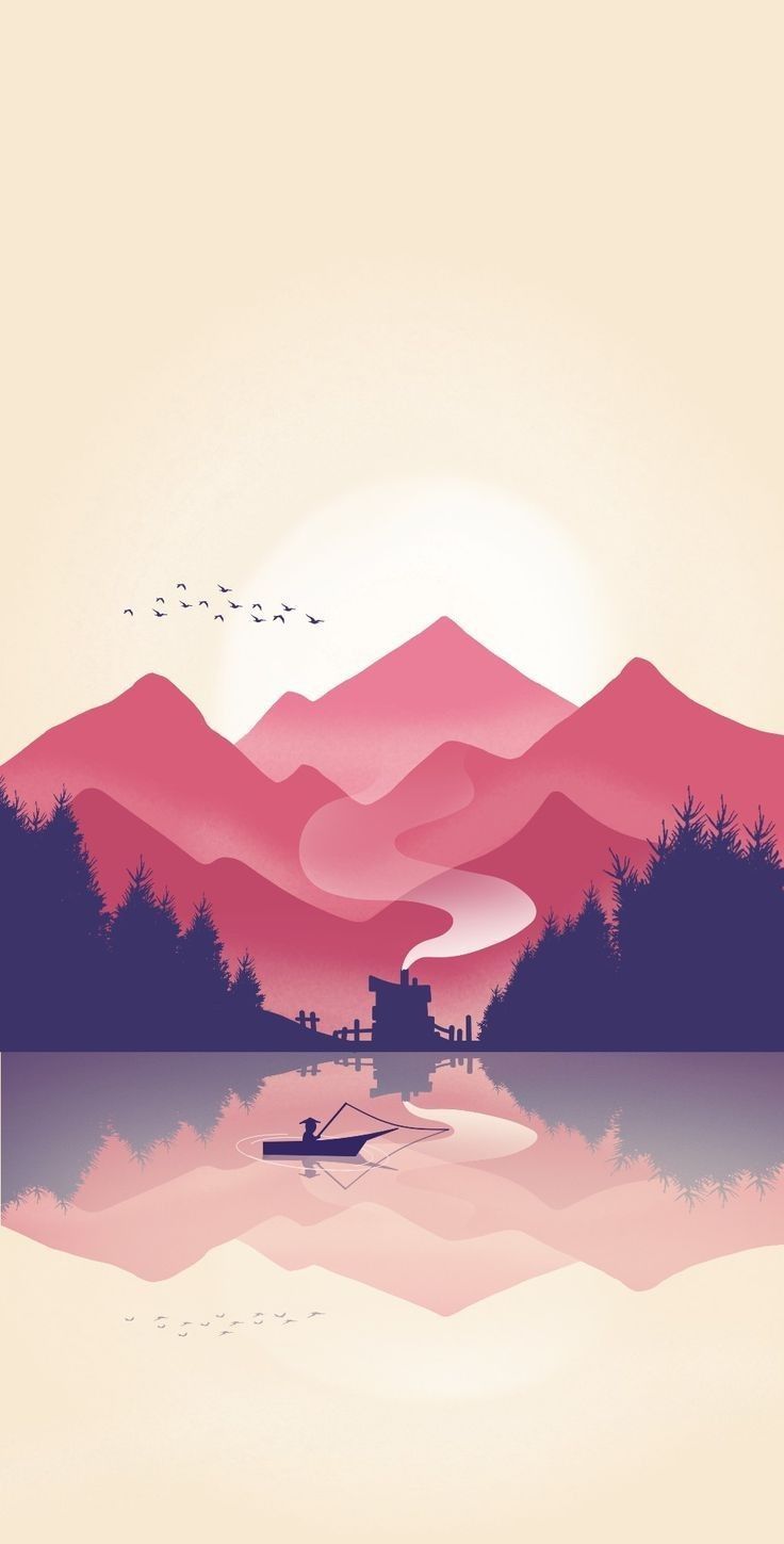 Berge, See, Spiegelung, Illustration, Pastellfarben, Ruderboot, iPhone-16-Pro-Max-Sperrbildschirm