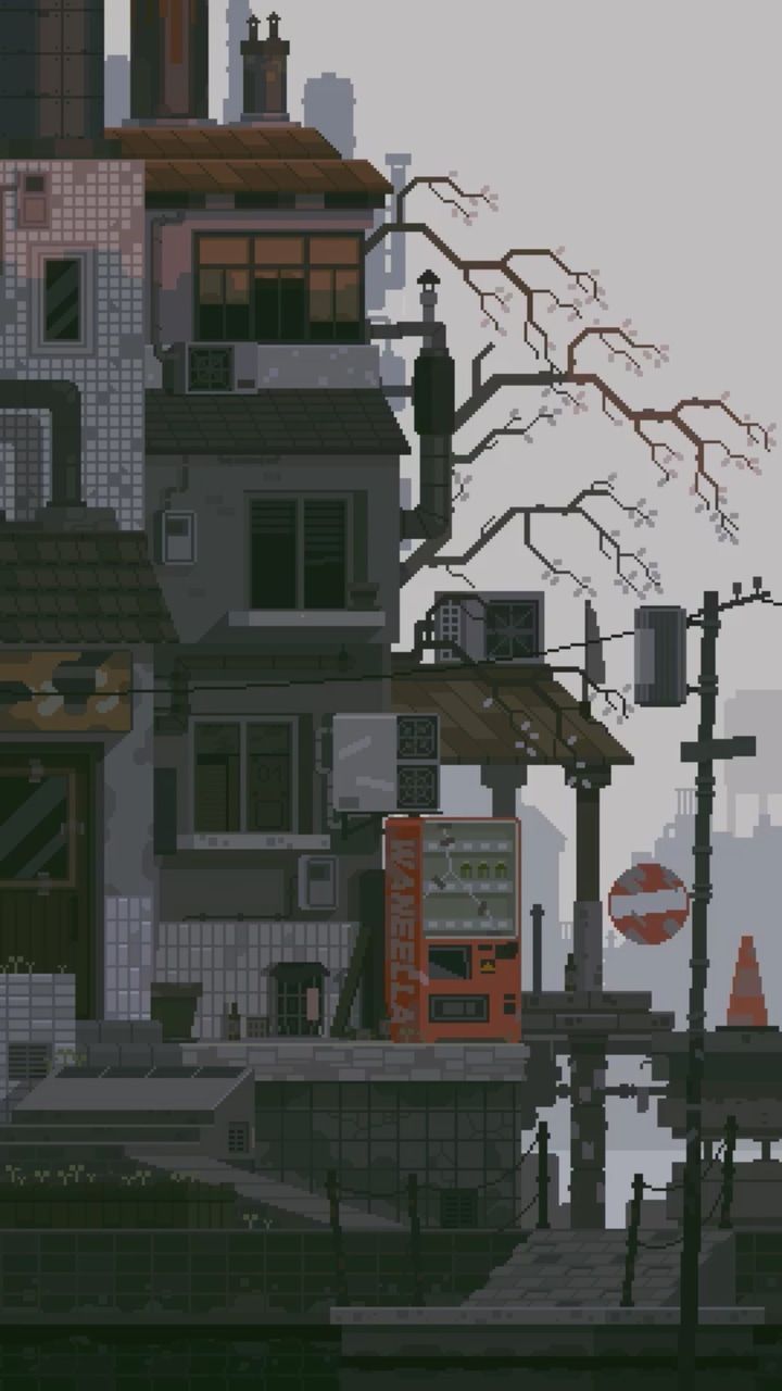Pixel-Art, Verlassenes Gebäude, Kahler Baum, Grau, Google Pixel 8, Sperrbildschirm