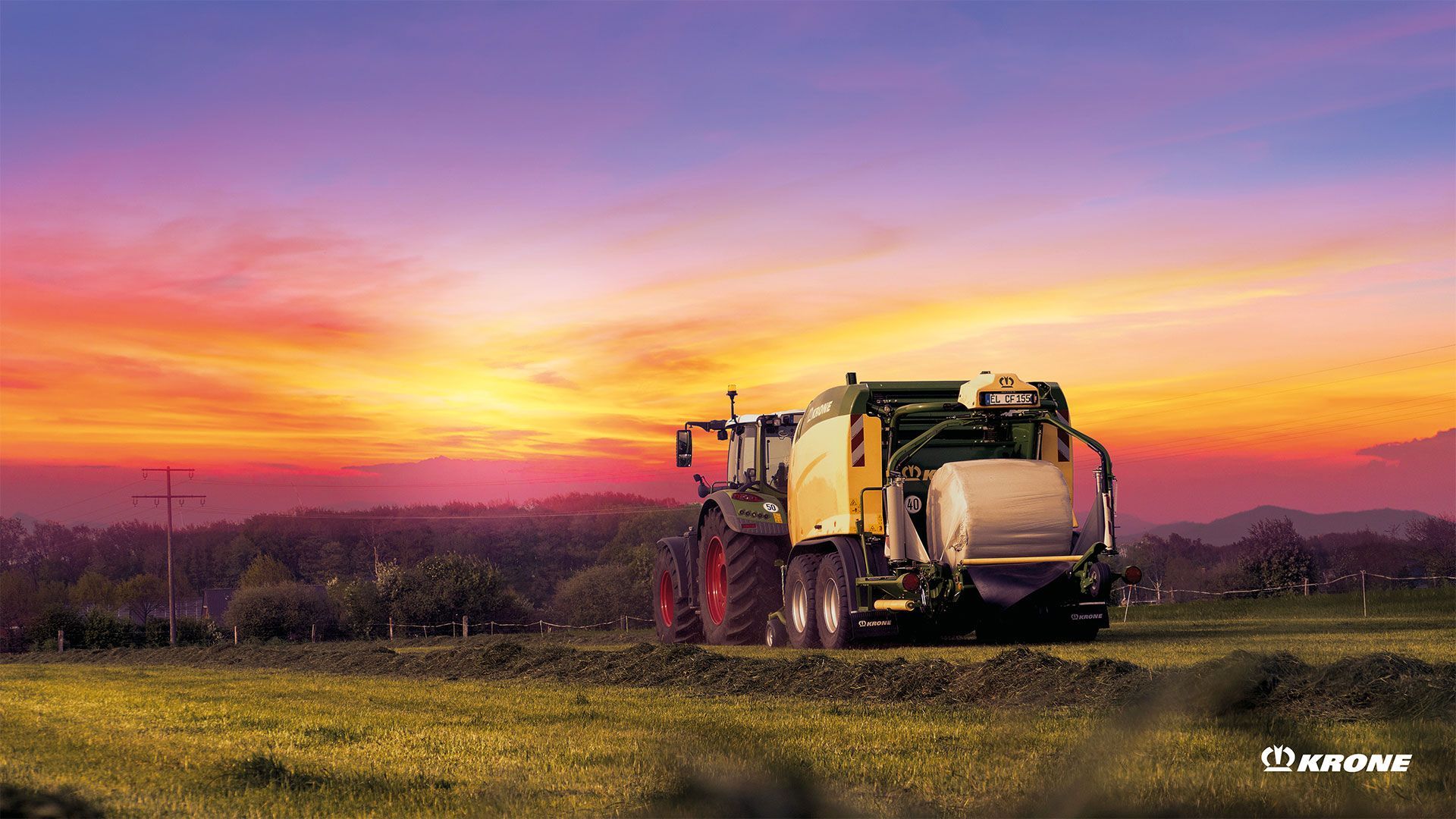 Krone, Traktor, Ballenpresse, Sonnenuntergang, Landwirtschaft, 1920x1080, PC-Hintergrundbild